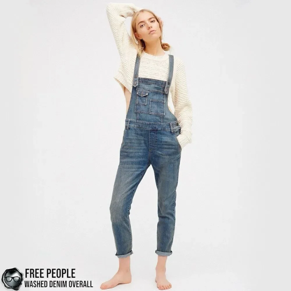 FREE PEOPLE WASHED DENIM OVERALLS IN DISTRESSED INDIGO WOMEN’S SIZE 30 SKINNY